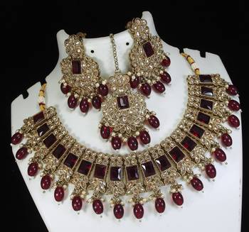 royal maroon mehendi gold plated ad/zircon work polki necklace jewelry set with maangtika 2