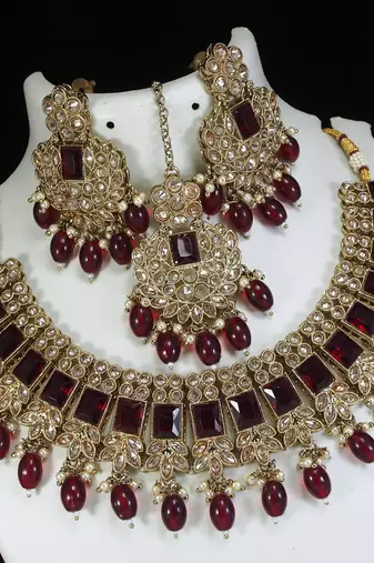 royal maroon mehendi gold plated ad/zircon work polki necklace jewelry set with maangtika