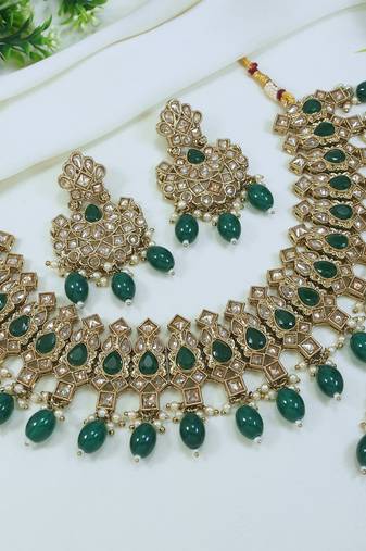 stunning green mehendi gold plated ad/zircon work polki necklace jewelry set with maangtika