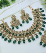stunning green mehendi gold plated ad/zircon work polki necklace jewelry set with maangtika
