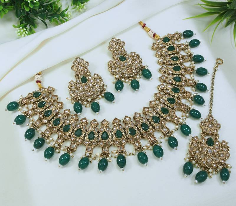 stunning green mehendi gold plated ad/zircon work polki necklace jewelry set with maangtika
