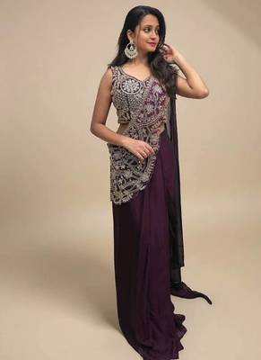 wine silk thread & beaded work lehenga saree 1