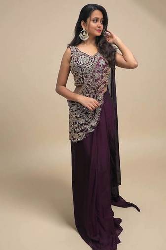 wine silk thread & beaded work lehenga saree