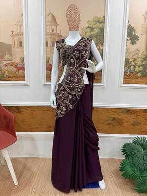 wine silk thread & beaded work lehenga saree 3