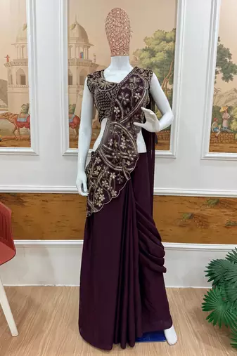 wine silk thread & beaded work lehenga saree