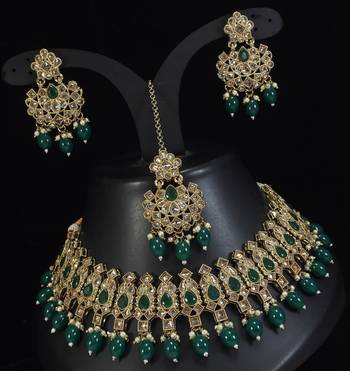 stunning green mehendi gold plated ad/zircon work polki necklace jewelry set with maangtika 2