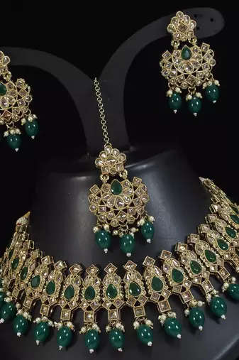 stunning green mehendi gold plated ad/zircon work polki necklace jewelry set with maangtika