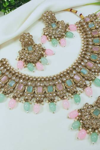 designer multicolor mehendi gold plated ad/zircon work polki necklace jewelry set with maangtika