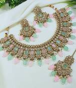 designer multicolor mehendi gold plated ad/zircon work polki necklace jewelry set with maangtika