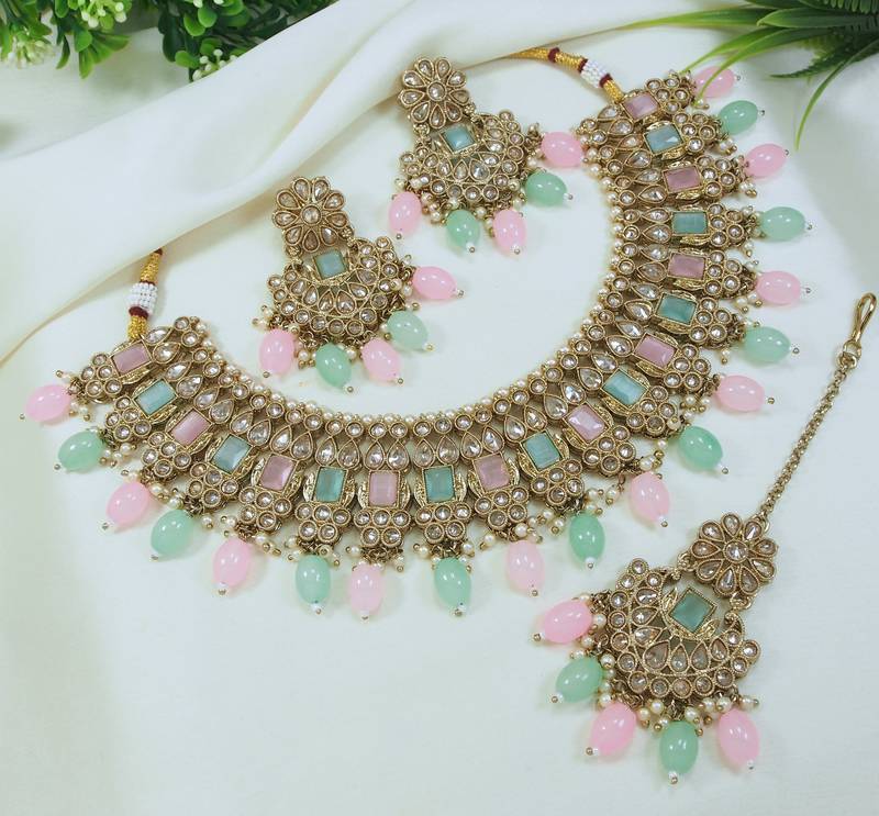 designer multicolor mehendi gold plated ad/zircon work polki necklace jewelry set with maangtika