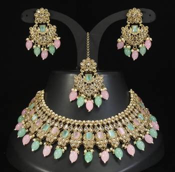 designer multicolor mehendi gold plated ad/zircon work polki necklace jewelry set with maangtika 2