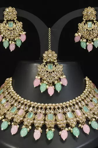 designer multicolor mehendi gold plated ad/zircon work polki necklace jewelry set with maangtika