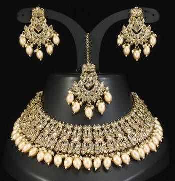 designer golden mehendi gold plated ad/zircon work polki necklace jewelry set with maangtika 1