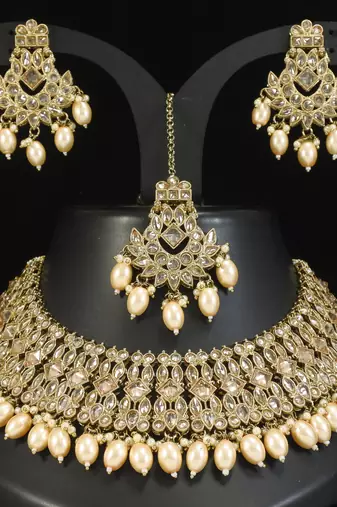 designer golden mehendi gold plated ad/zircon work polki necklace jewelry set with maangtika