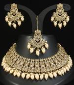 designer golden mehendi gold plated ad/zircon work polki necklace jewelry set with maangtika