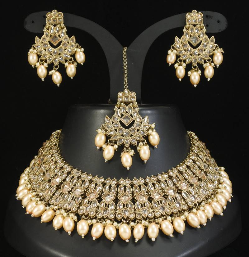 designer golden mehendi gold plated ad/zircon work polki necklace jewelry set with maangtika