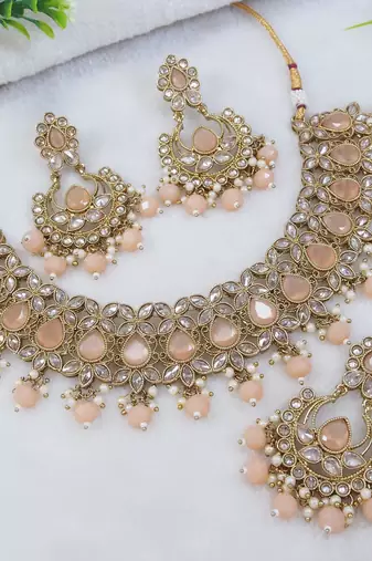 designer peach mehendi gold plated ad/zircon work polki necklace jewelry set with maangtika