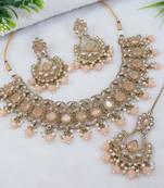 designer peach mehendi gold plated ad/zircon work polki necklace jewelry set with maangtika