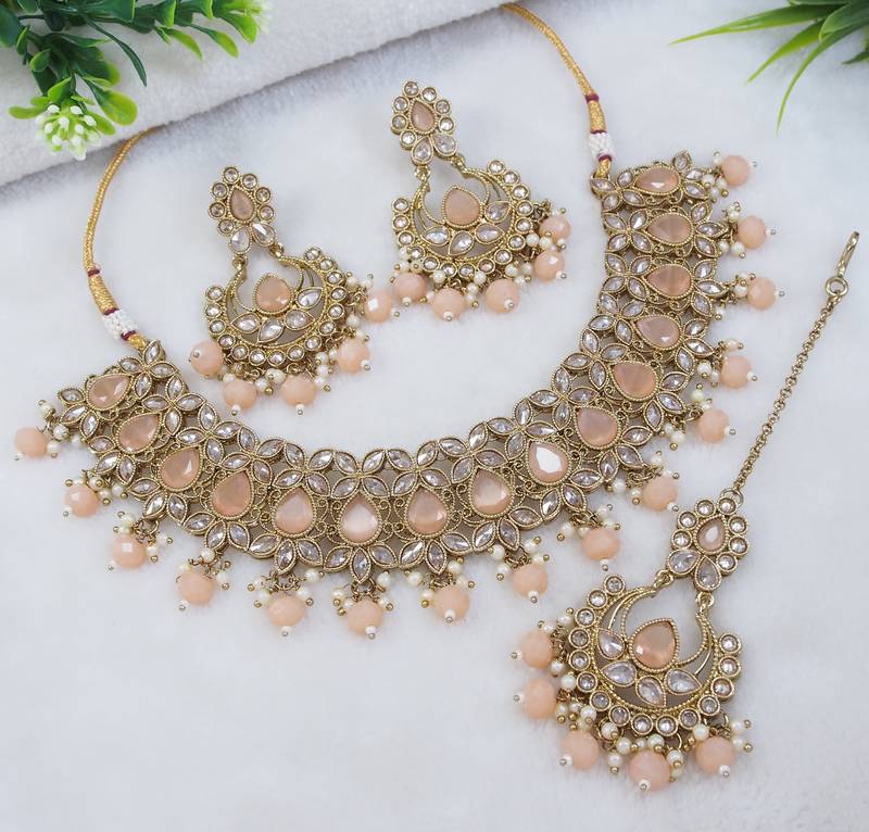 designer peach mehendi gold plated ad/zircon work polki necklace jewelry set with maangtika