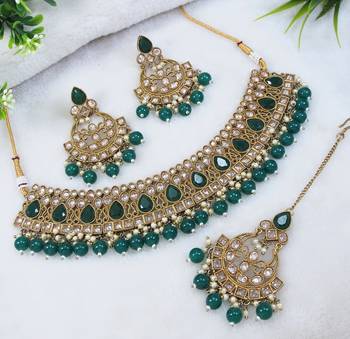 designer green mehendi gold plated ad/zircon work polki necklace jewelry set with maangtika 1