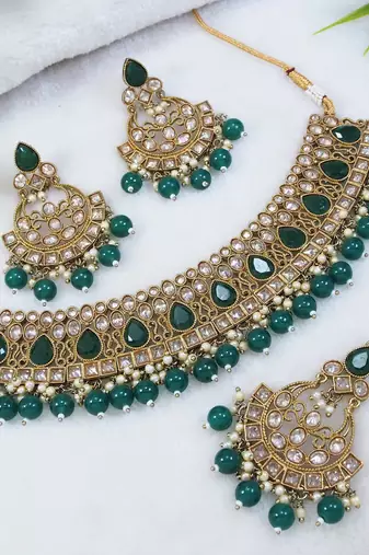 designer green mehendi gold plated ad/zircon work polki necklace jewelry set with maangtika