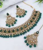 designer green mehendi gold plated ad/zircon work polki necklace jewelry set with maangtika