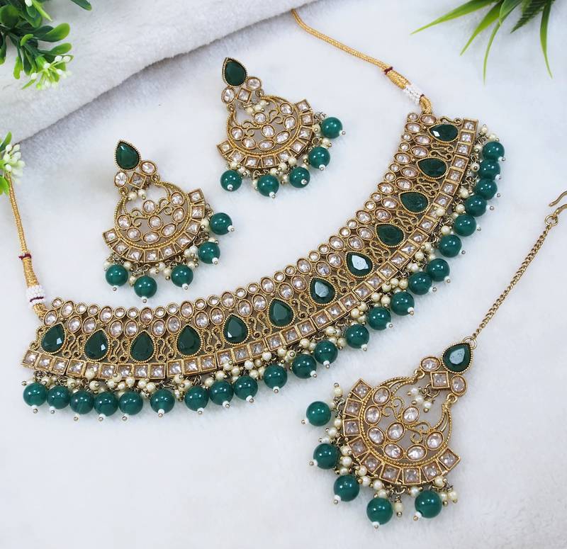 designer green mehendi gold plated ad/zircon work polki necklace jewelry set with maangtika