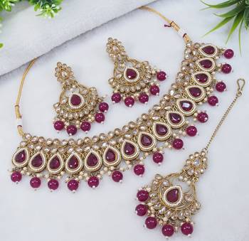 designer ruby mehendi gold plated ad/zircon work polki necklace jewelry set with maangtika 1