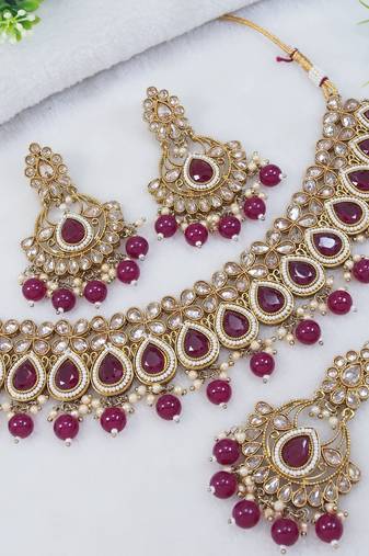 designer ruby mehendi gold plated ad/zircon work polki necklace jewelry set with maangtika