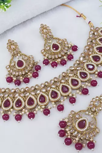 designer ruby mehendi gold plated ad/zircon work polki necklace jewelry set with maangtika