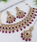 designer ruby mehendi gold plated ad/zircon work polki necklace jewelry set with maangtika