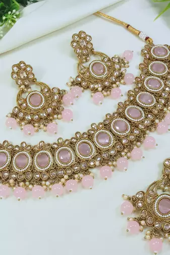 designer pink mehendi gold plated ad/zircon work polki necklace jewelry set with maangtika