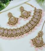 designer pink mehendi gold plated ad/zircon work polki necklace jewelry set with maangtika