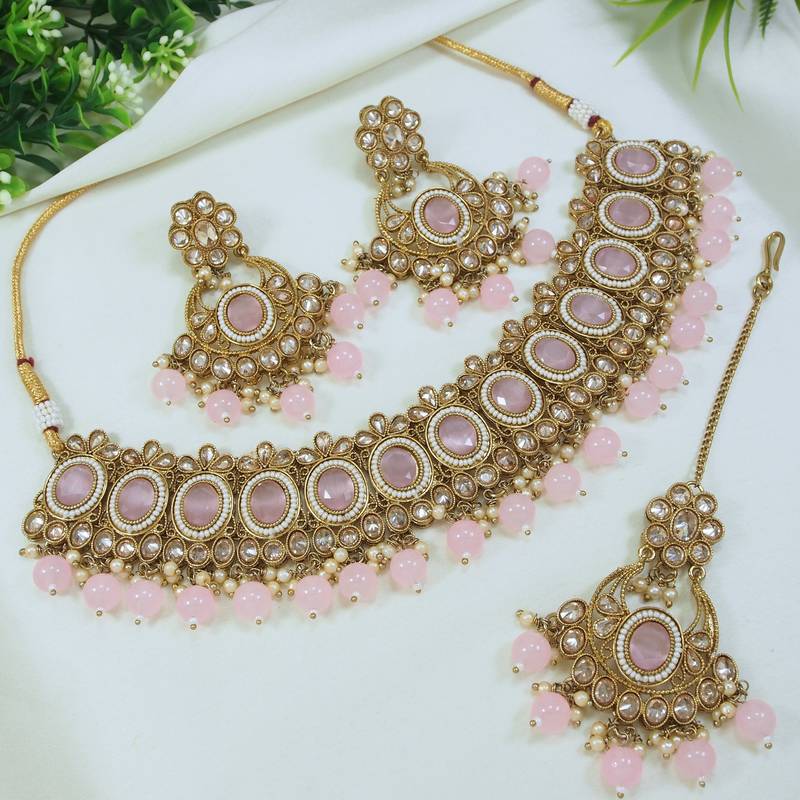 designer pink mehendi gold plated ad/zircon work polki necklace jewelry set with maangtika