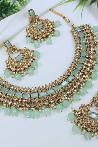 designer sea green mehendi gold plated ad/zircon work polki necklace jewelry set with maangtika