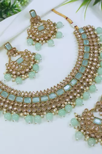 designer sea green mehendi gold plated ad/zircon work polki necklace jewelry set with maangtika
