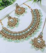 designer sea green mehendi gold plated ad/zircon work polki necklace jewelry set with maangtika