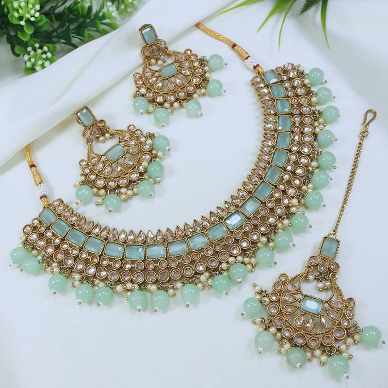 designer sea green mehendi gold plated ad/zircon work polki necklace jewelry set with maangtika