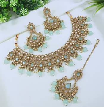 stunning sea green mehendi gold plated ad/zircon work polki necklace jewelry set with maangtika 2