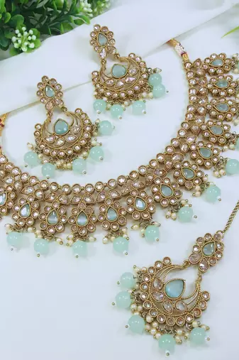 stunning sea green mehendi gold plated ad/zircon work polki necklace jewelry set with maangtika