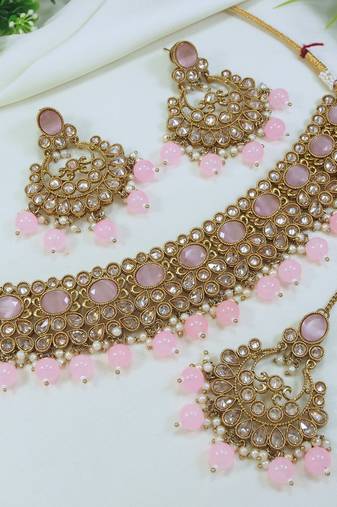 stunning pink mehendi gold plated ad/zircon work polki necklace jewelry set with maangtika