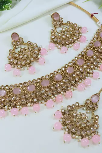 stunning pink mehendi gold plated ad/zircon work polki necklace jewelry set with maangtika