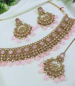 stunning pink mehendi gold plated ad/zircon work polki necklace jewelry set with maangtika