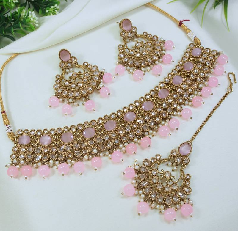stunning pink mehendi gold plated ad/zircon work polki necklace jewelry set with maangtika
