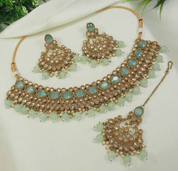 stunning sea green mehendi gold plated ad/zircon work polki necklace jewelry set with maangtika 2