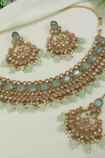 stunning sea green mehendi gold plated ad/zircon work polki necklace jewelry set with maangtika
