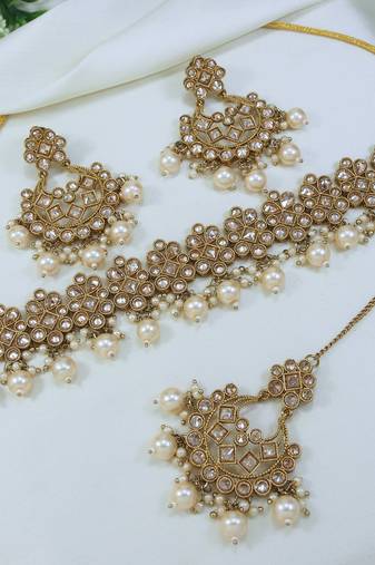 designer lct mehendi gold plated ad/zircon work polki necklace jewelry set with maangtika