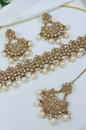 designer lct mehendi gold plated ad/zircon work polki necklace jewelry set with maangtika