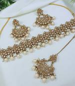 designer lct mehendi gold plated ad/zircon work polki necklace jewelry set with maangtika