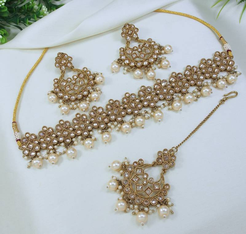 designer lct mehendi gold plated ad/zircon work polki necklace jewelry set with maangtika